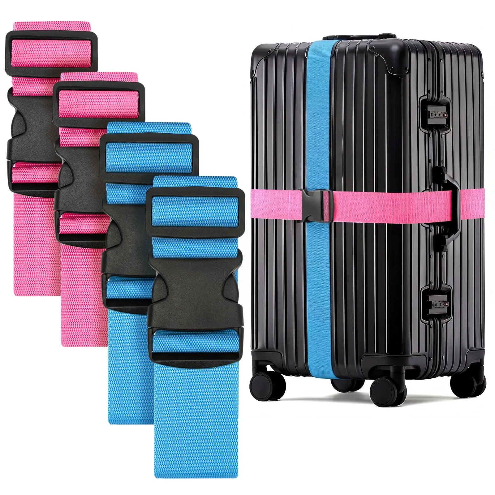 WISYOK Cinghie per Valigia, 4 Pezzi, 130-250 cm, Rosa e Blu Cielo - immagine 1