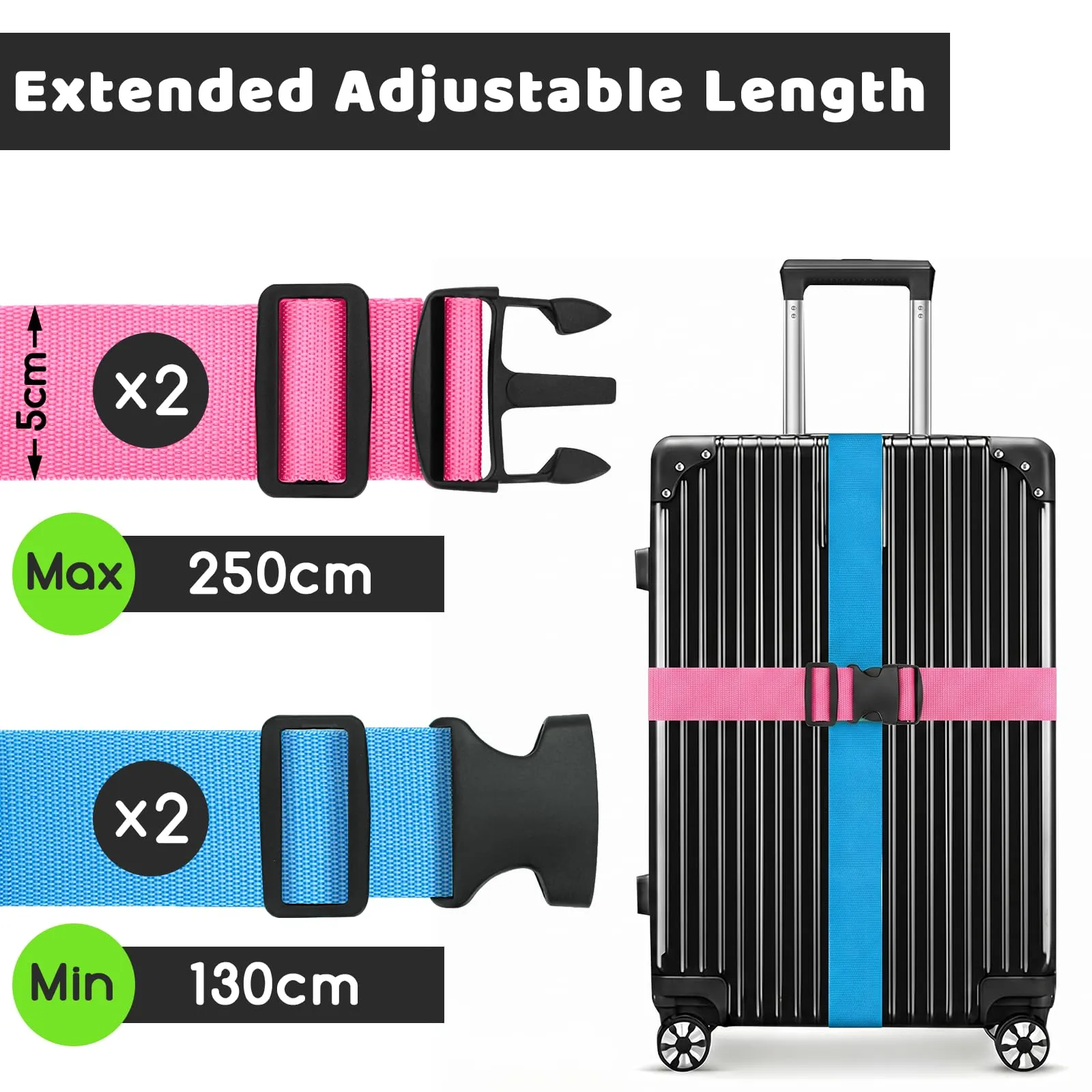 WISYOK Cinghie per Valigia, 4 Pezzi, 130-250 cm, Rosa e Blu Cielo - immagine 2