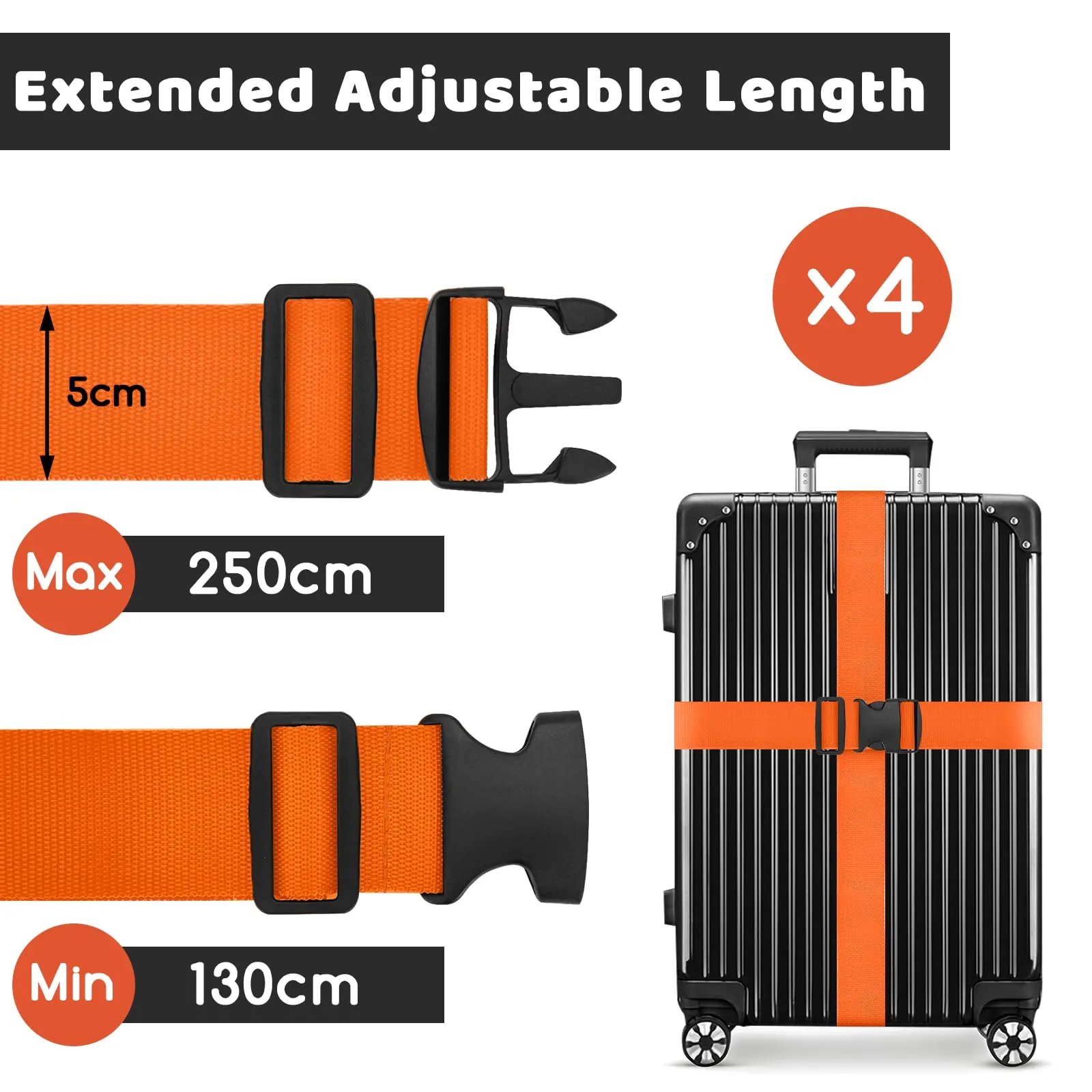 WISYOK Cinghie per Valigia, 4 Pezzi, 130-250 cm, Arancione - immagine 2