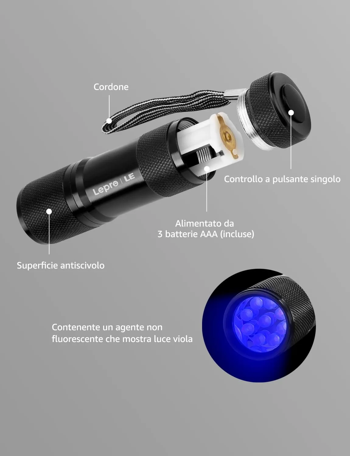 Lepro Torcia UV LED 395 nm, Lampada Ultravioletti in Metallo con 9 LED, IPX4 Impermeabile, incluse 3 Batterie AAA - immagine 7