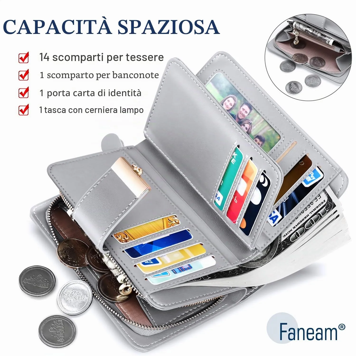 Faneam Portafoglio Donna in Pelle con Blocco RFID, Portamonete con Cerniera e Cordino, 14 Scomparti Carte, Grigio - immagine 2