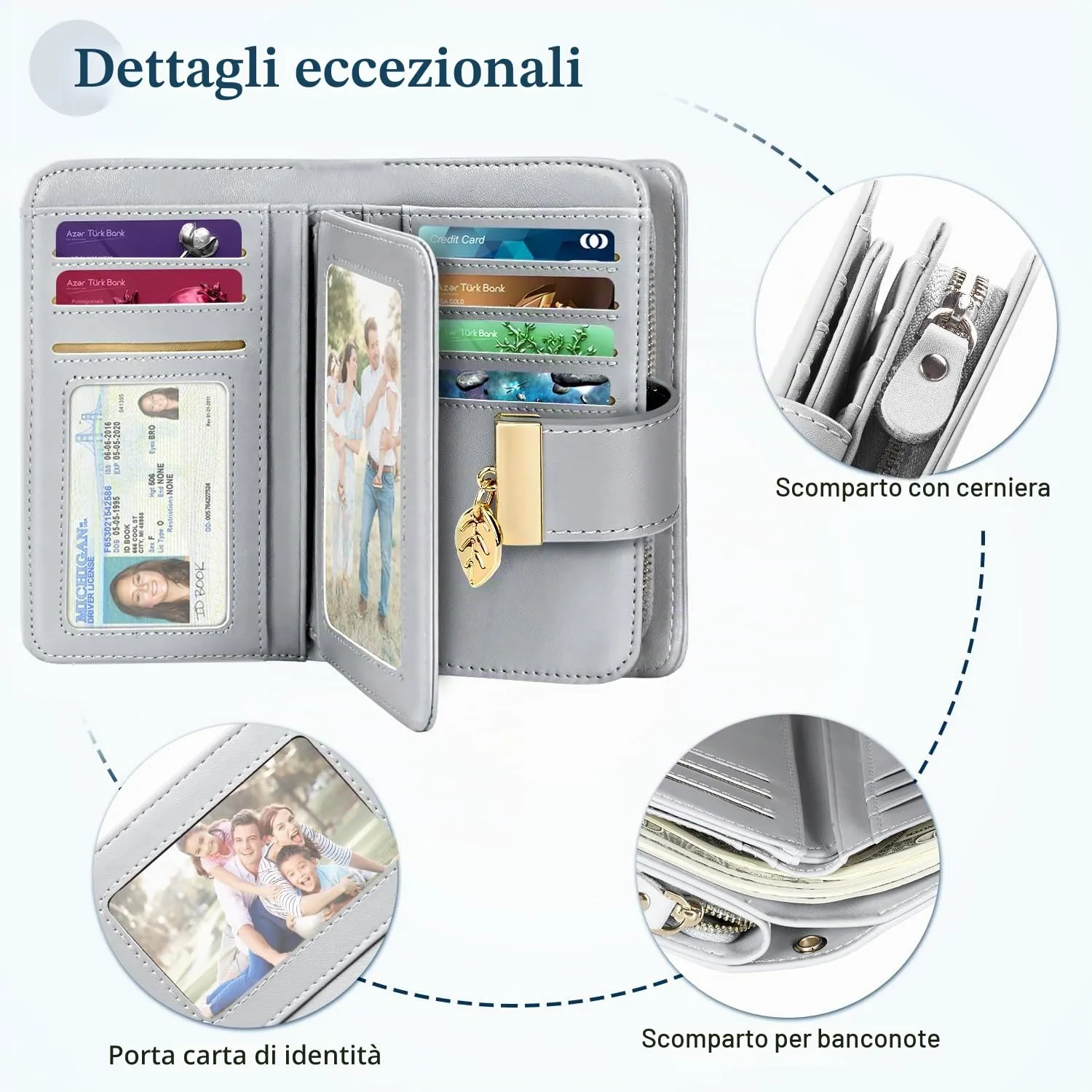 Faneam Portafoglio Donna in Pelle con Blocco RFID, Portamonete con Cerniera e Cordino, 14 Scomparti Carte, Grigio - immagine 3