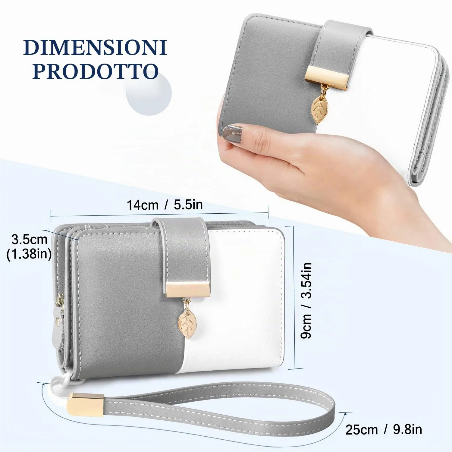 Faneam Portafoglio Donna in Pelle con Blocco RFID, Portamonete con Cerniera e Cordino, 14 Scomparti Carte, Grigio - immagine 4