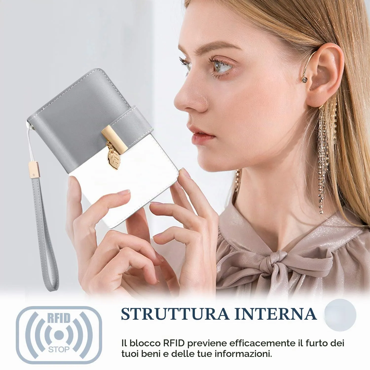 Faneam Portafoglio Donna in Pelle con Blocco RFID, Portamonete con Cerniera e Cordino, 14 Scomparti Carte, Grigio - immagine 5