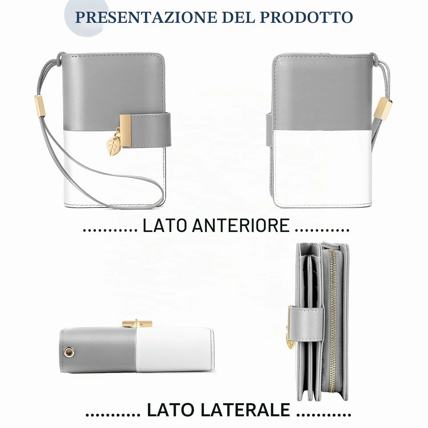 Faneam Portafoglio Donna in Pelle con Blocco RFID, Portamonete con Cerniera e Cordino, 14 Scomparti Carte, Grigio - immagine 7
