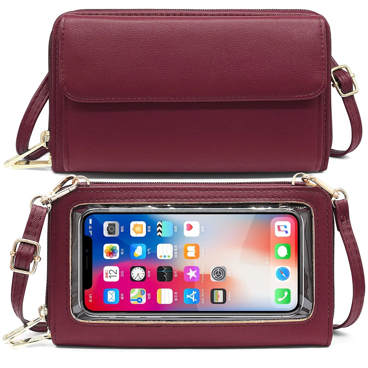 HNOOM Borsa a Tracolla Donna Porta Cellulare con Touchscreen e Blocco RFID, Vino Rosso - immagine 1