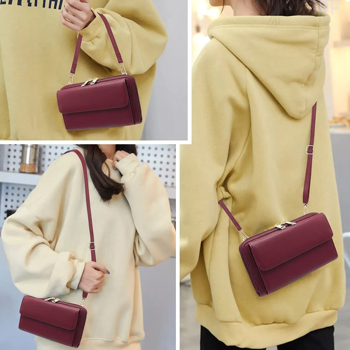 HNOOM Borsa a Tracolla Donna Porta Cellulare con Touchscreen e Blocco RFID, Vino Rosso - immagine 2