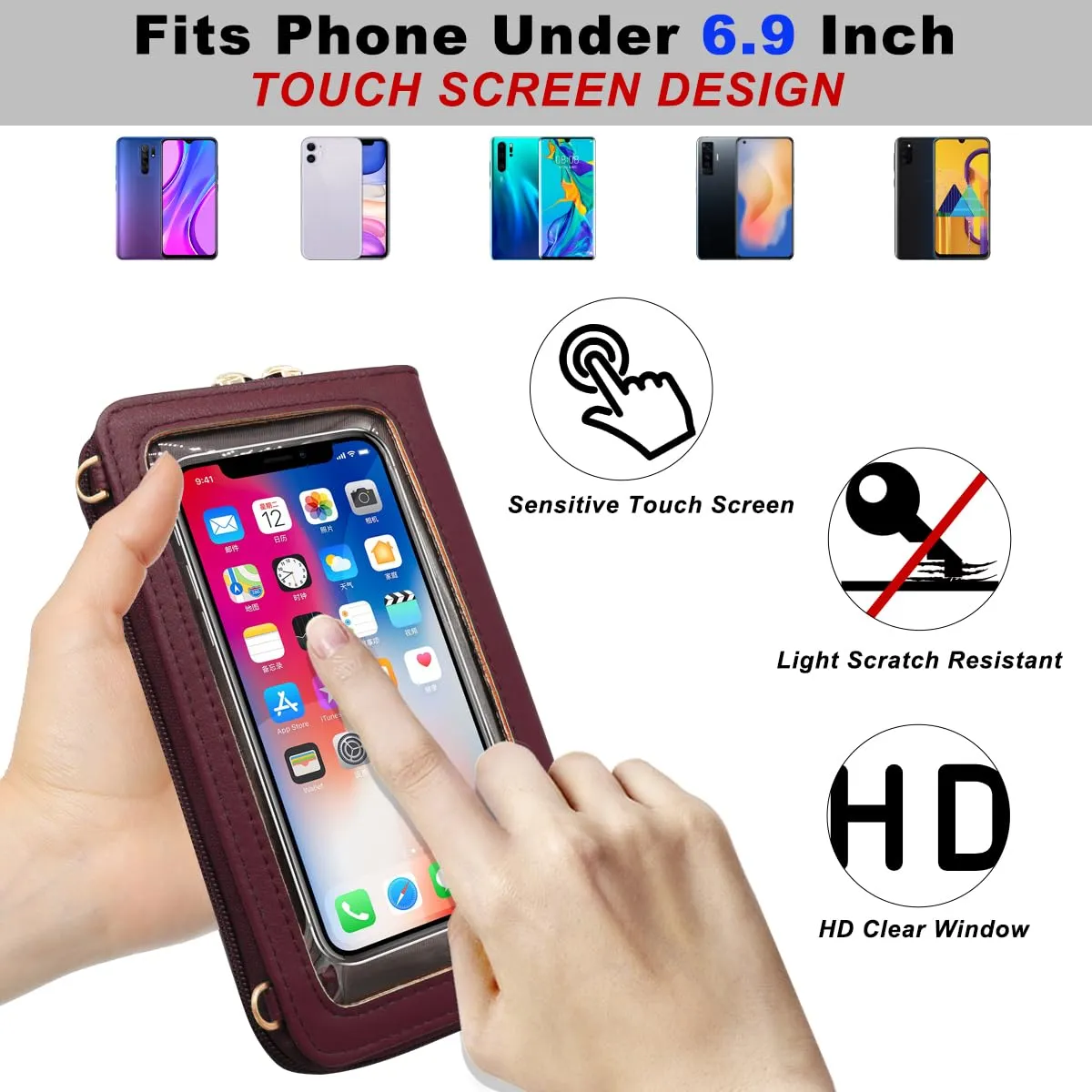 HNOOM Borsa a Tracolla Donna Porta Cellulare con Touchscreen e Blocco RFID, Vino Rosso - immagine 4
