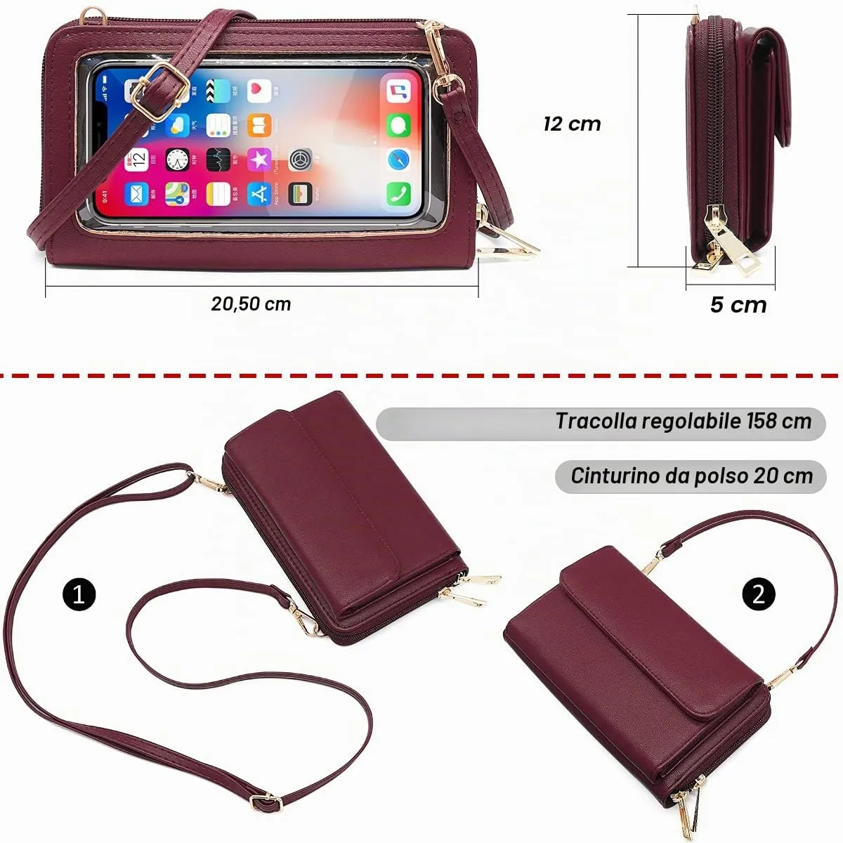 HNOOM Borsa a Tracolla Donna Porta Cellulare con Touchscreen e Blocco RFID, Vino Rosso - immagine 6