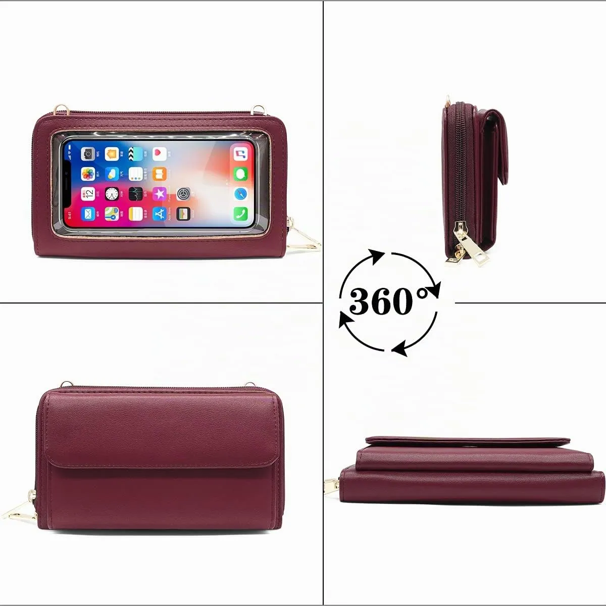 HNOOM Borsa a Tracolla Donna Porta Cellulare con Touchscreen e Blocco RFID, Vino Rosso - immagine 7