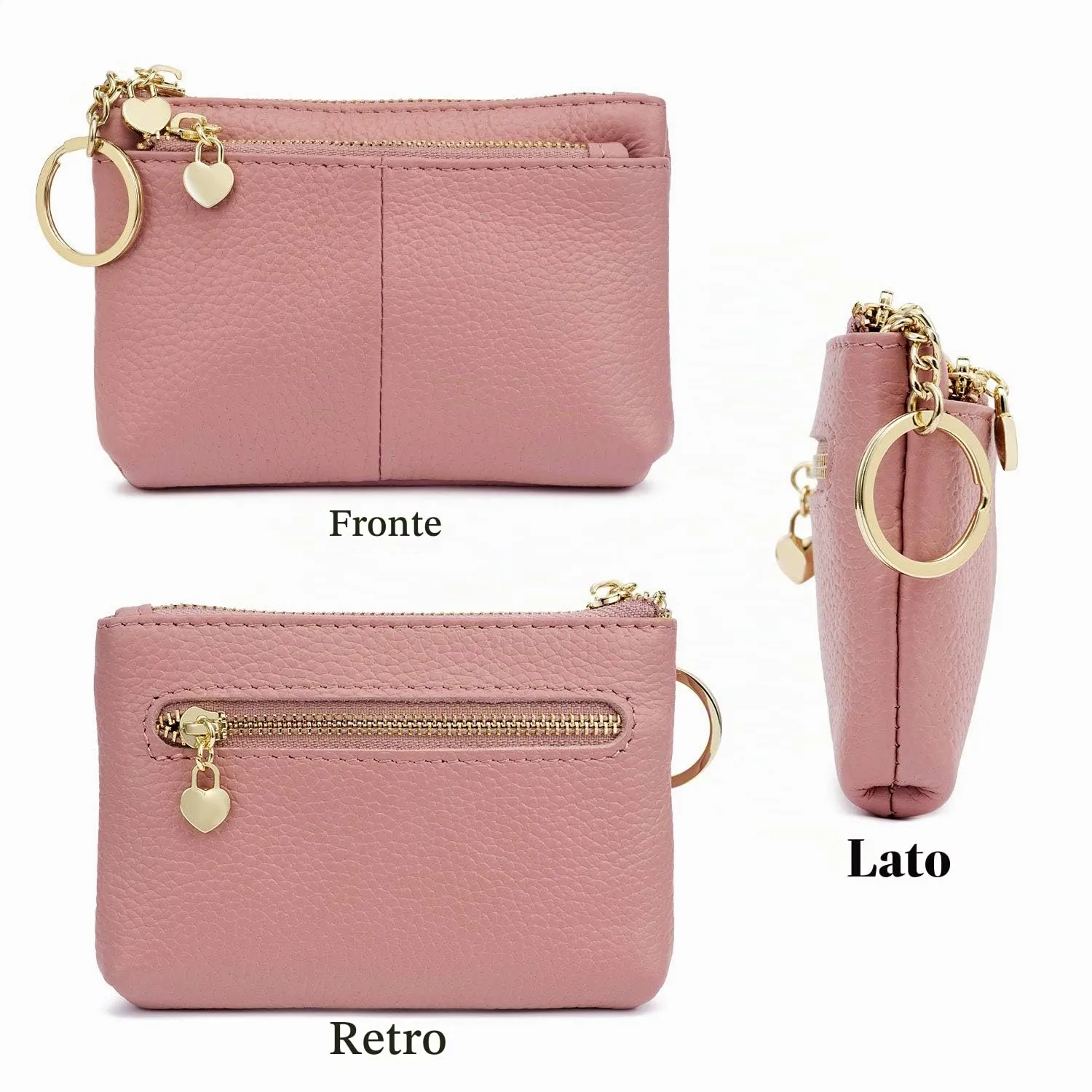 ZOUIQSS Portamonete in Vera Pelle con Portachiavi, Rosa - immagine 3