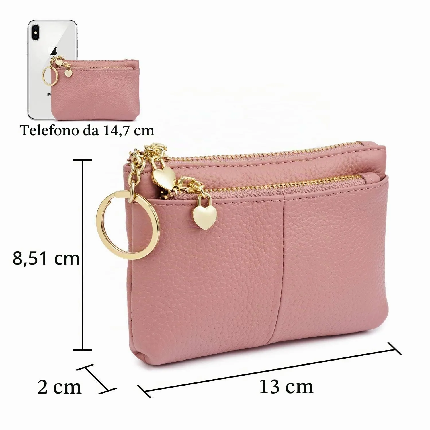 ZOUIQSS Portamonete in Vera Pelle con Portachiavi, Rosa - immagine 4