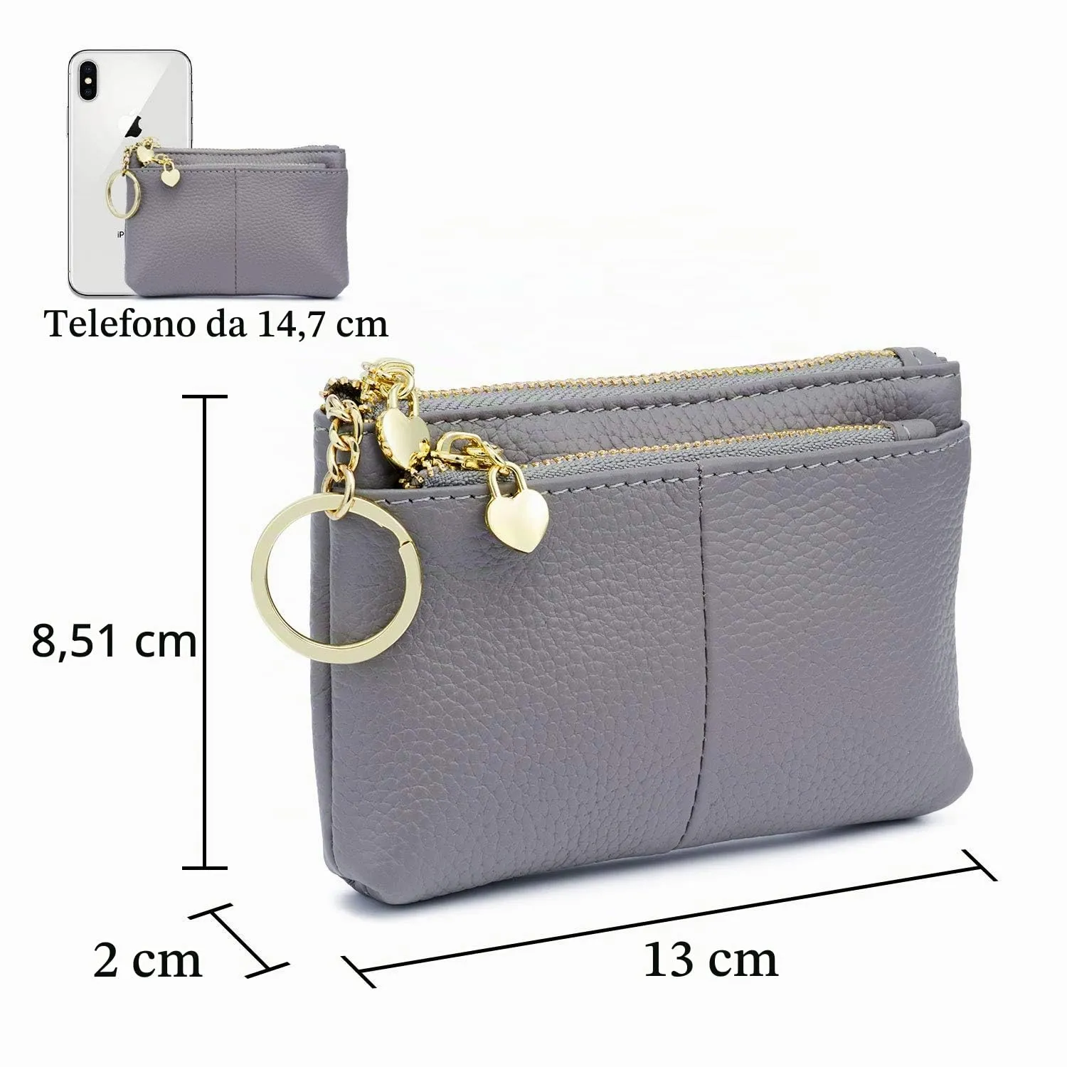 ZOUIQSS Portamonete in Vera Pelle con Portachiavi, Grigio - immagine 4