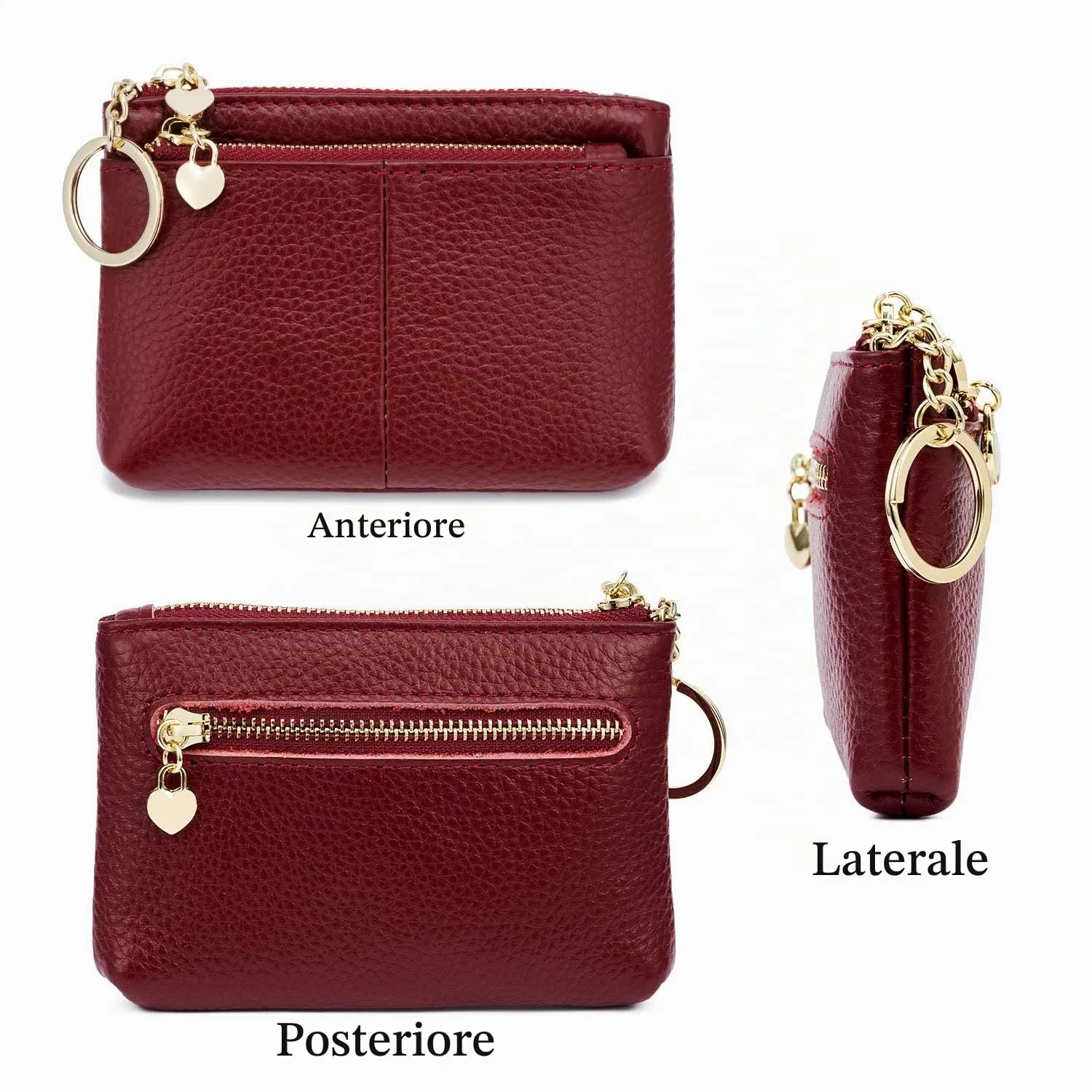 ZOUIQSS Portamonete in vera pelle con portachiavi - Vino Rosso-1 - immagine 3