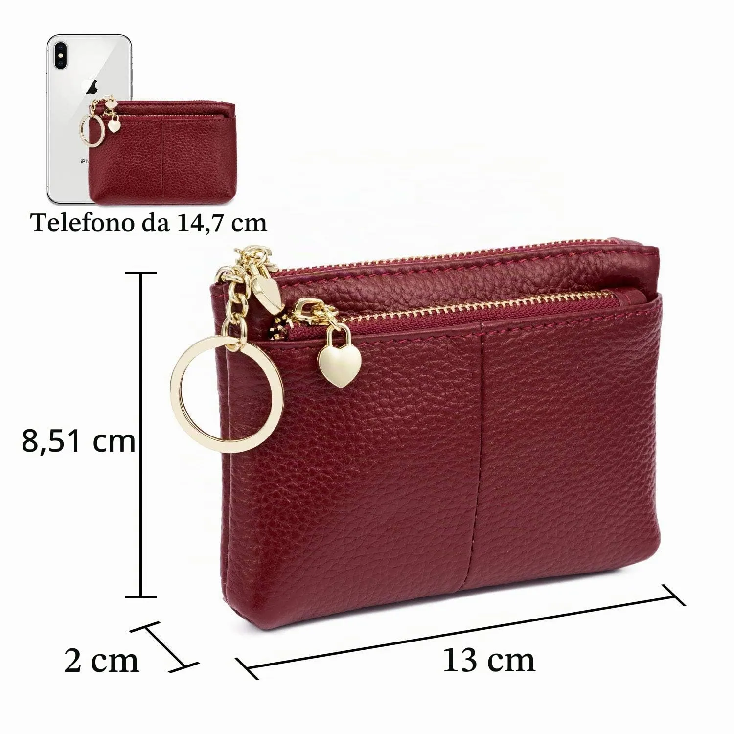 ZOUIQSS Portamonete in vera pelle con portachiavi - Vino Rosso-1 - immagine 4