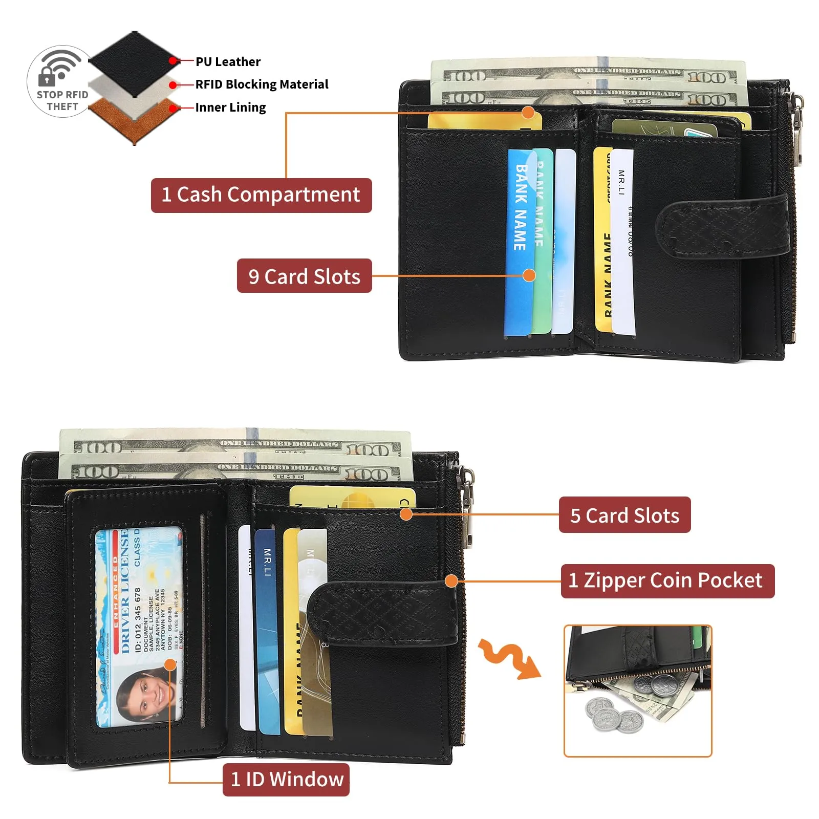 GAEKEAO Portafoglio Donna Piccolo in Pelle PU con Protezione RFID, Porta Carte di Credito e Portamonete con Cerniera - immagine 3