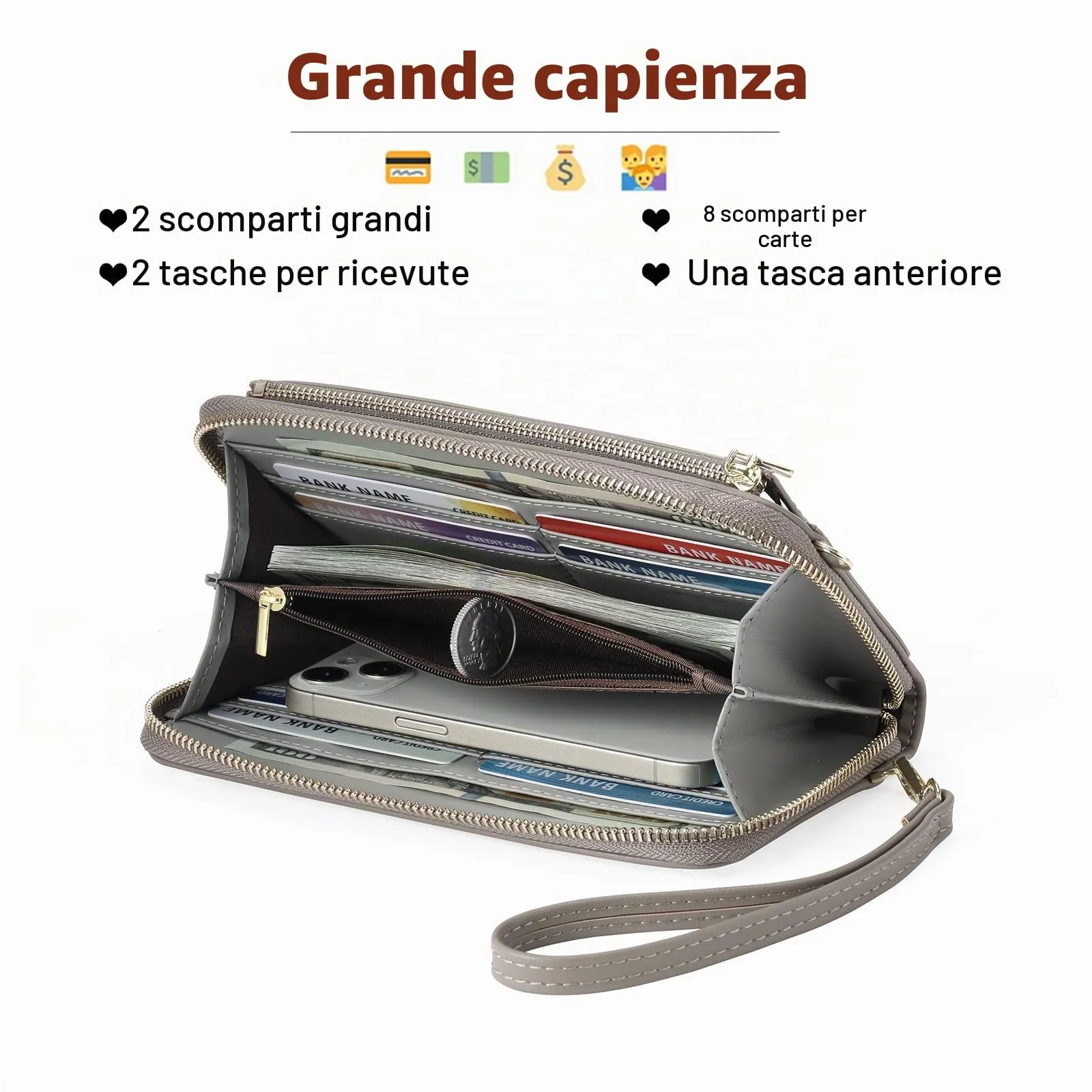 GOIACII Borsa a tracolla per telefono da donna, portafoglio da viaggio con touch screen, A04-grigio - immagine 4