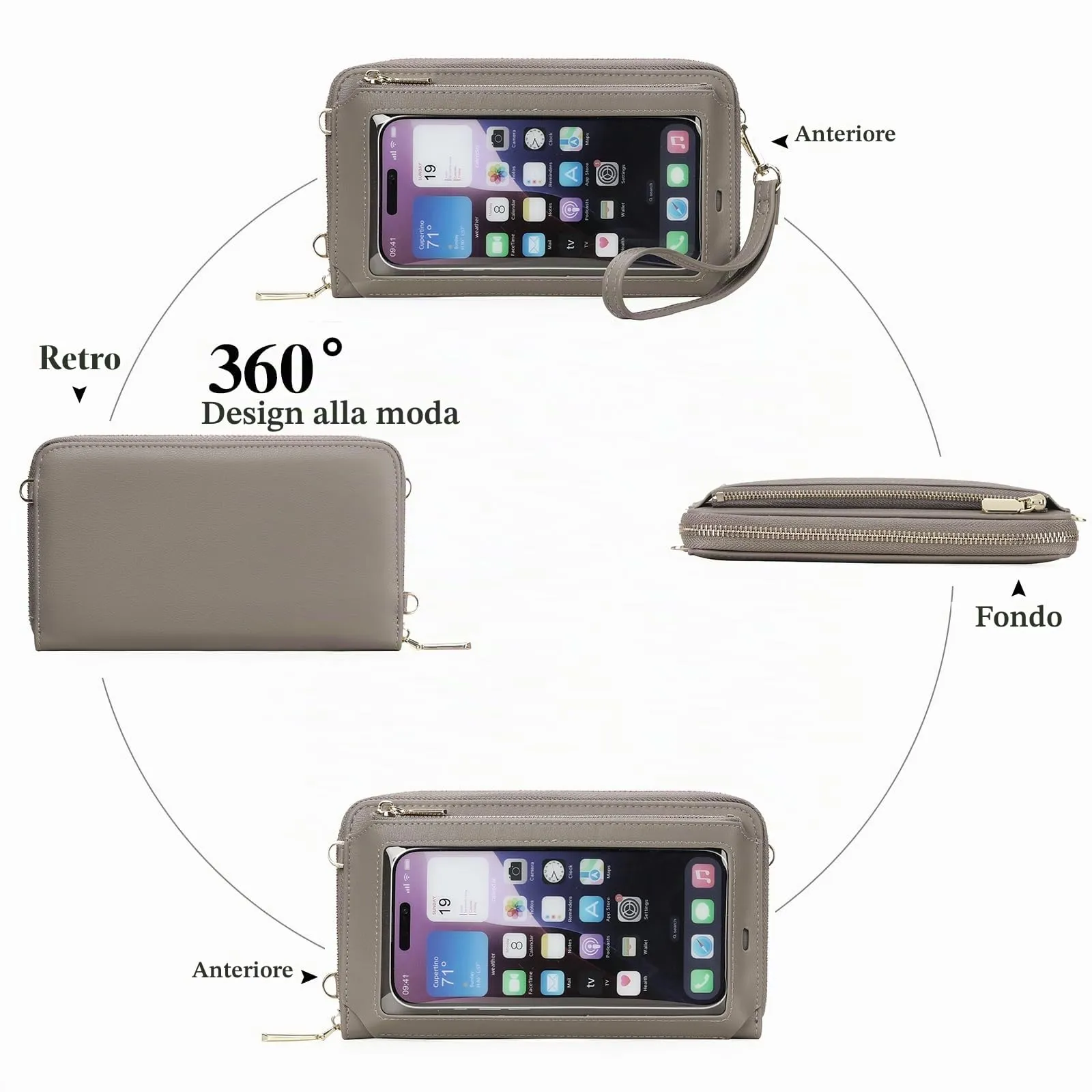 GOIACII Borsa a tracolla per telefono da donna, portafoglio da viaggio con touch screen, A04-grigio - immagine 5