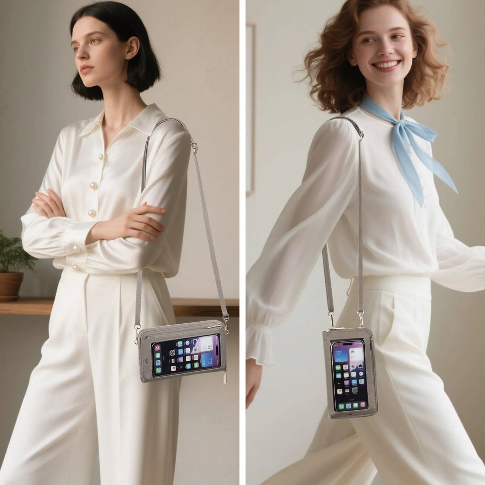 GOIACII Borsa a tracolla per telefono da donna, portafoglio da viaggio con touch screen, A04-grigio - immagine 6