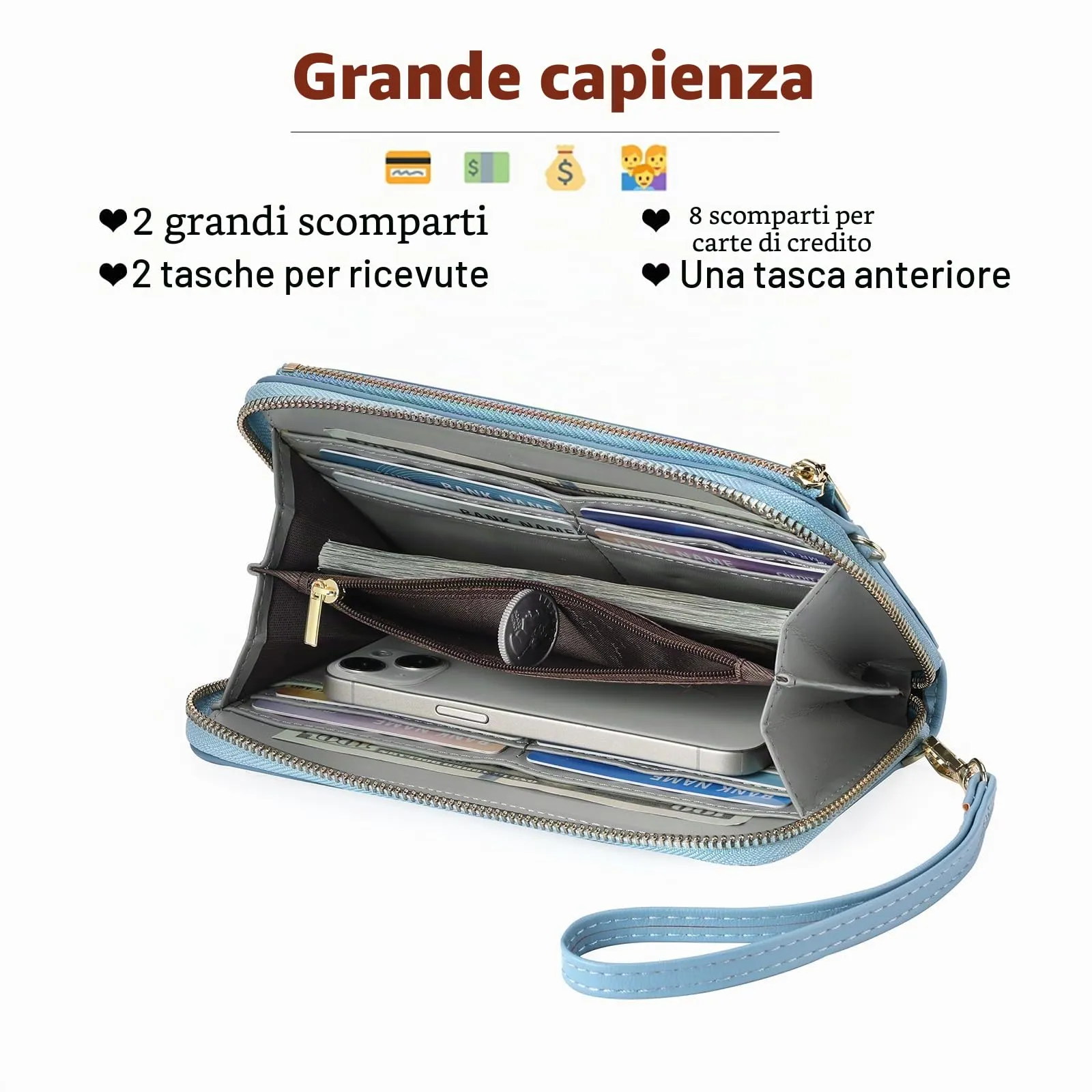 GOIACII Borsa a tracolla per telefono da donna, portafoglio da viaggio con touch screen, A03-azzurro - immagine 4