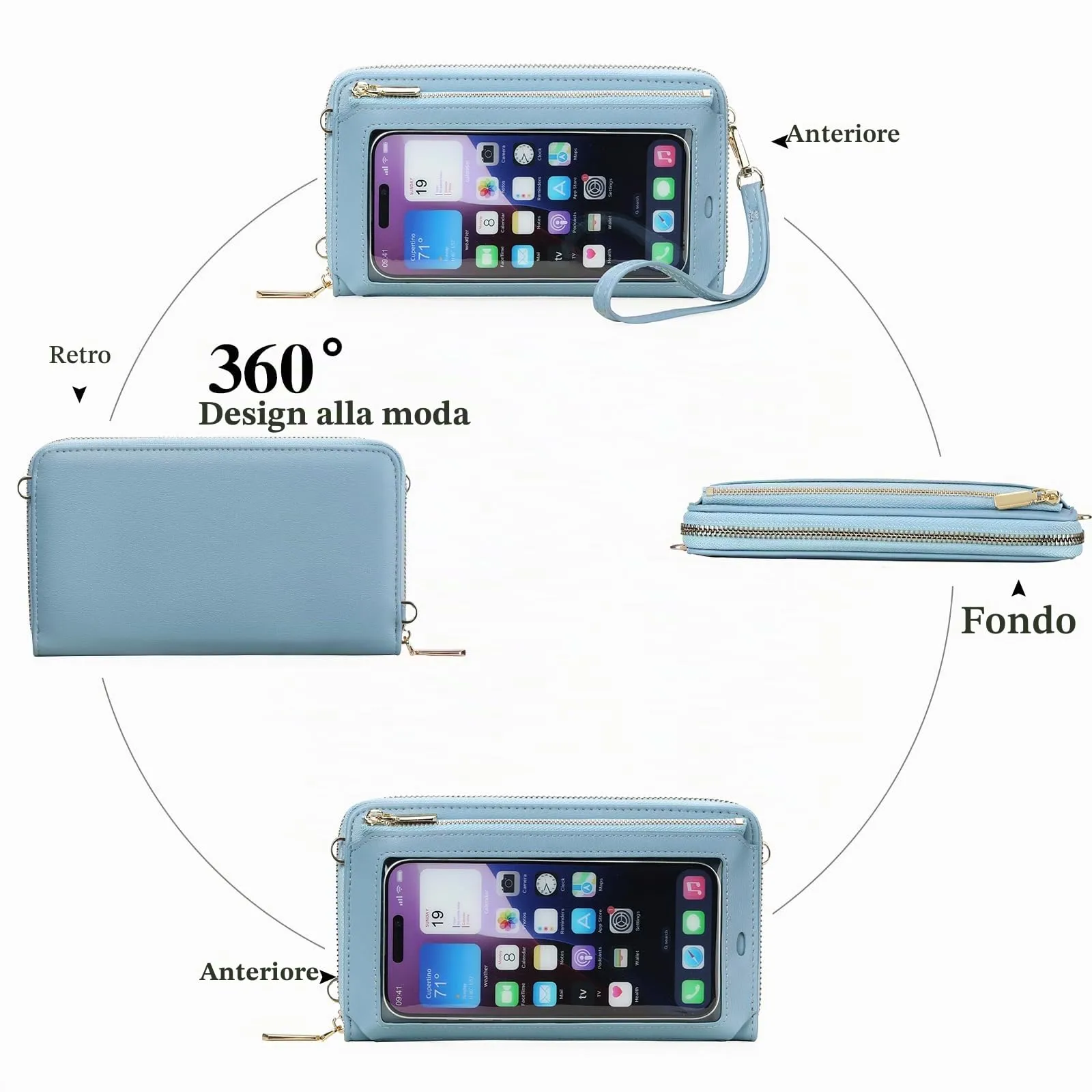 GOIACII Borsa a tracolla per telefono da donna, portafoglio da viaggio con touch screen, A03-azzurro - immagine 5