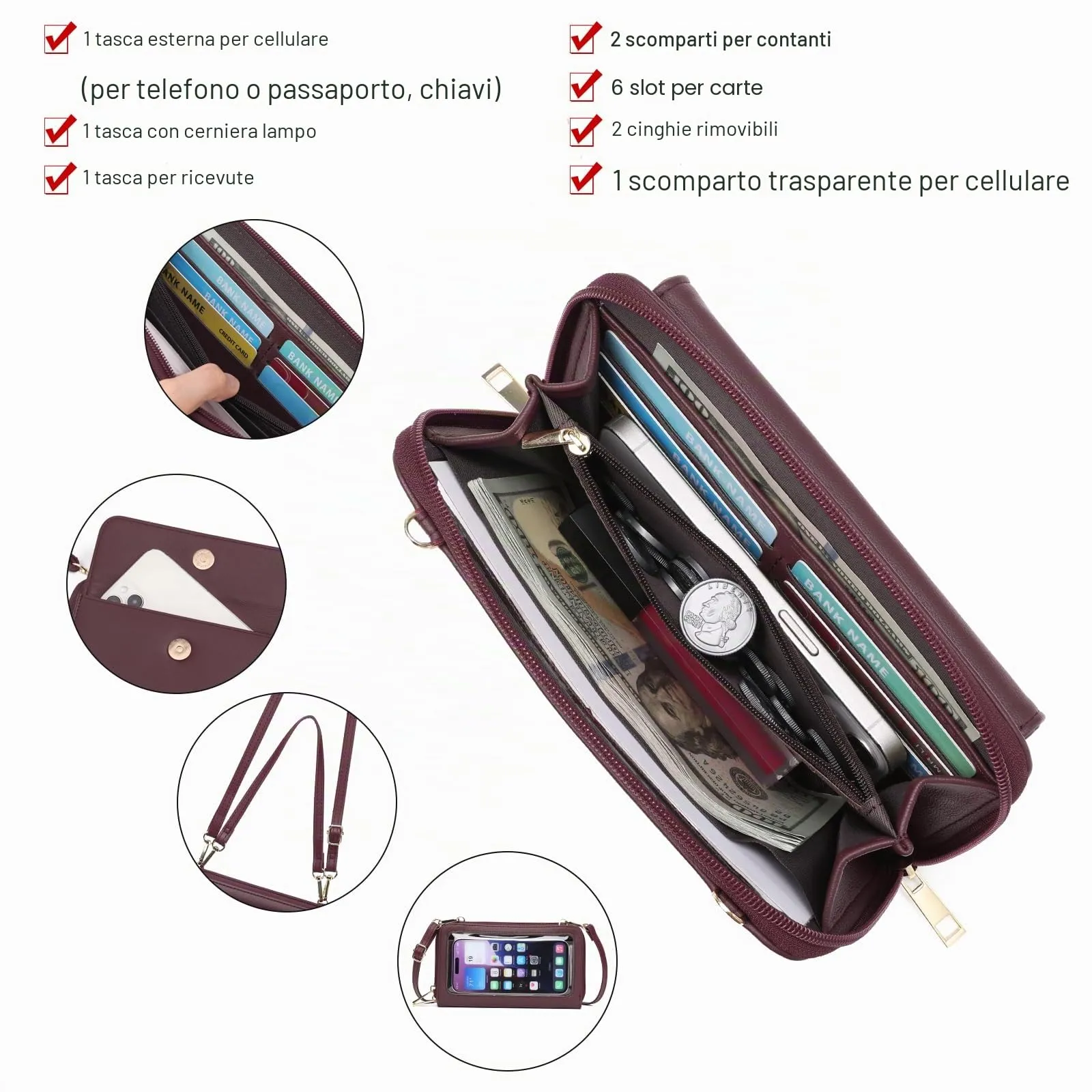 GOIACII Borsa a tracolla da donna per cellulare con scomparti per carte e cinghie regolabili, B03-rosso - immagine 3