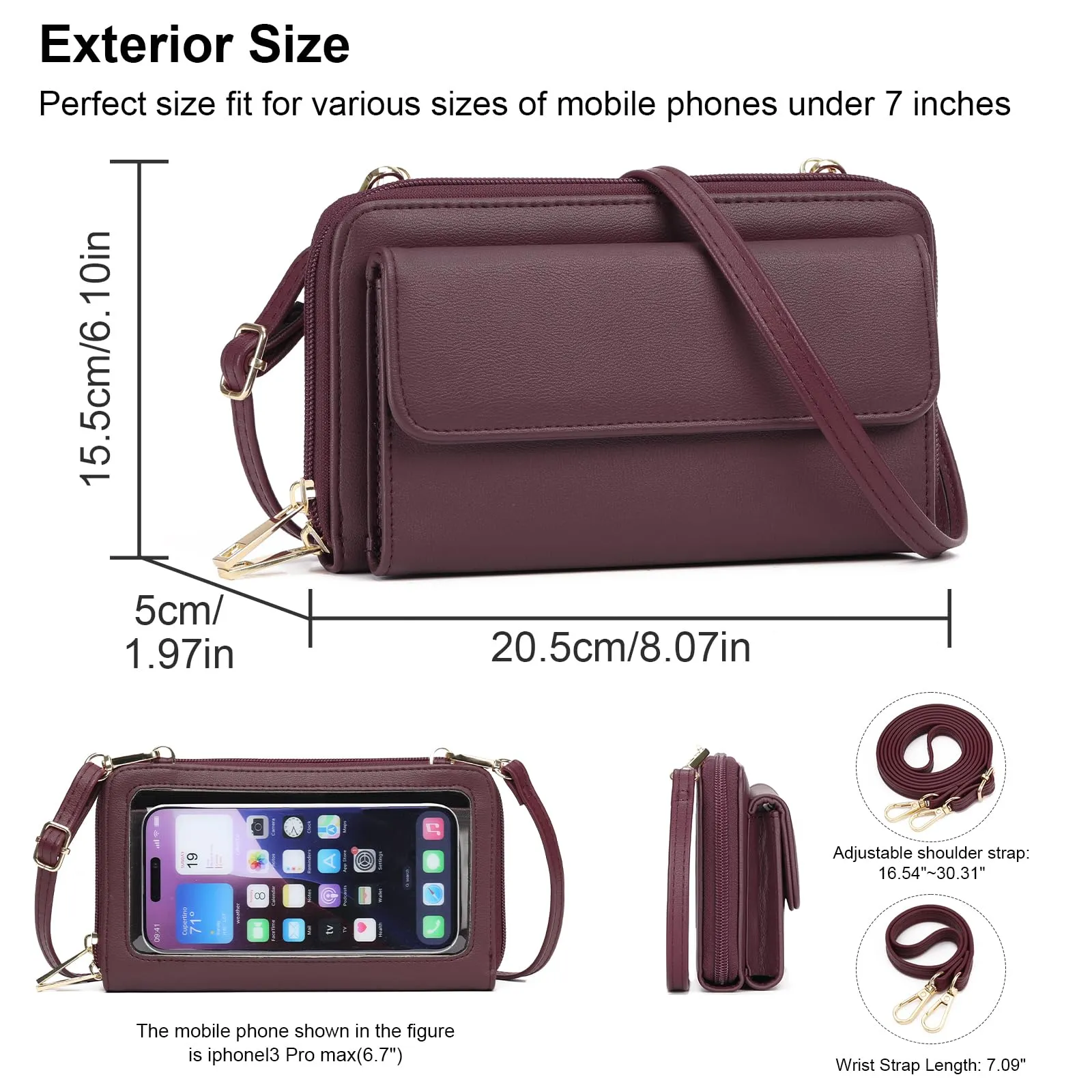 GOIACII Borsa a tracolla da donna per cellulare con scomparti per carte e cinghie regolabili, B03-rosso - immagine 4