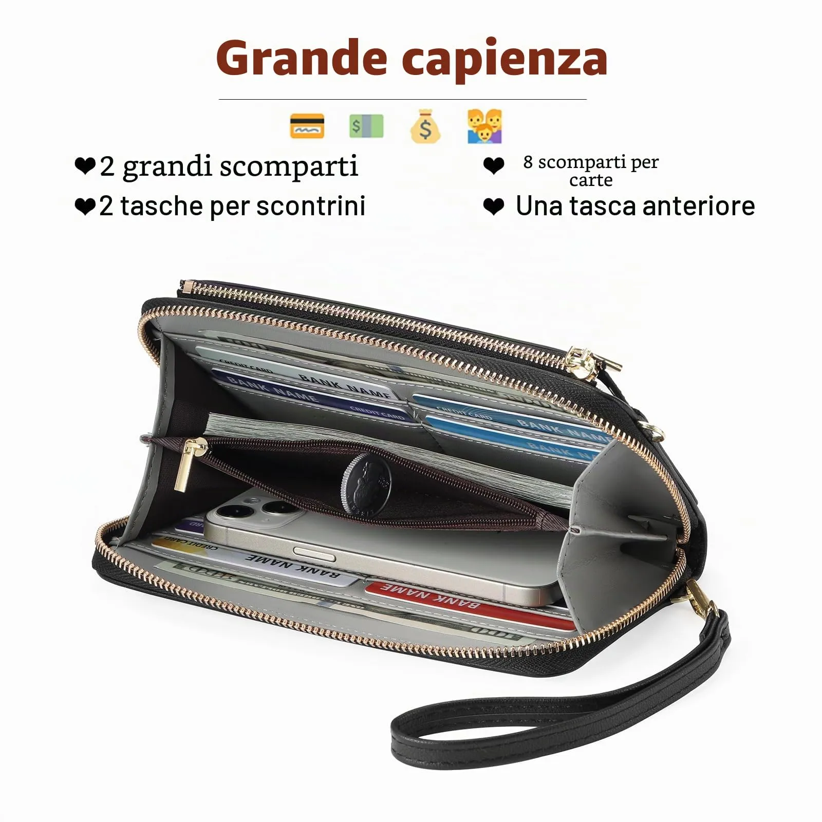 GOIACII Borsa a tracolla per telefono da donna con touch screen, portafoglio da viaggio, A01-nero - immagine 4