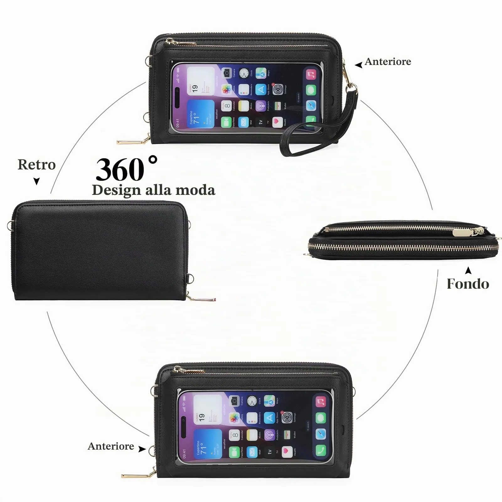 GOIACII Borsa a tracolla per telefono da donna con touch screen, portafoglio da viaggio, A01-nero - immagine 5