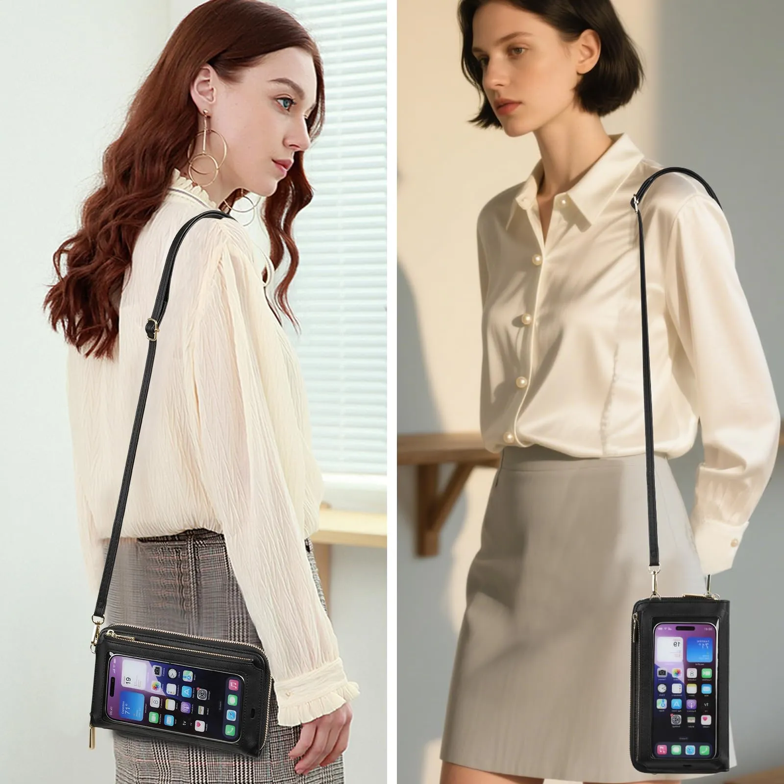 GOIACII Borsa a tracolla per telefono da donna con touch screen, portafoglio da viaggio, A01-nero - immagine 6