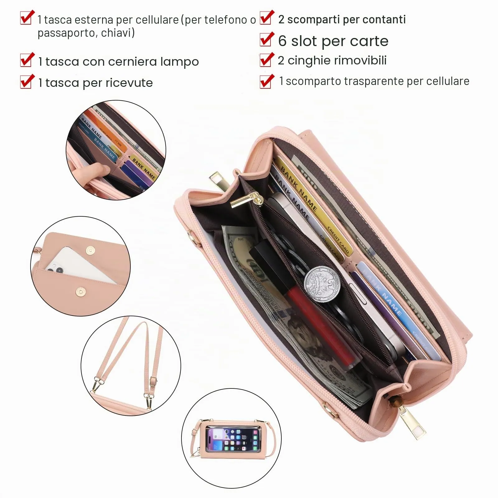 GOIACII Borsa a tracolla da donna per cellulare con scomparti per carte di credito e cinghie regolabili, B02-rosso - immagine 3
