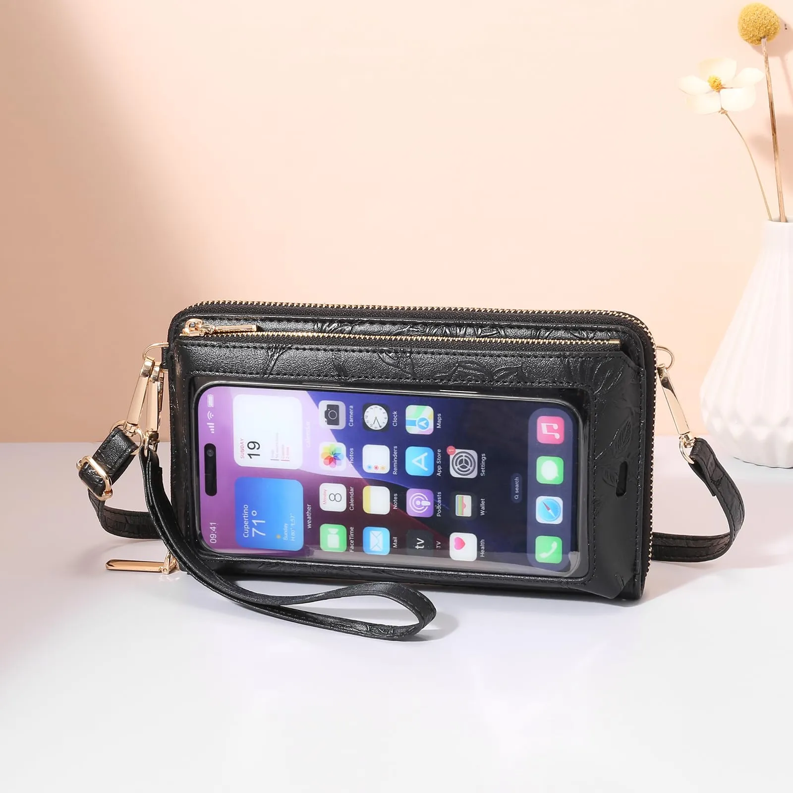 GOIACII Borsa a tracolla da donna in pelle con touchscreen A09 Nero in rilievo - immagine 3