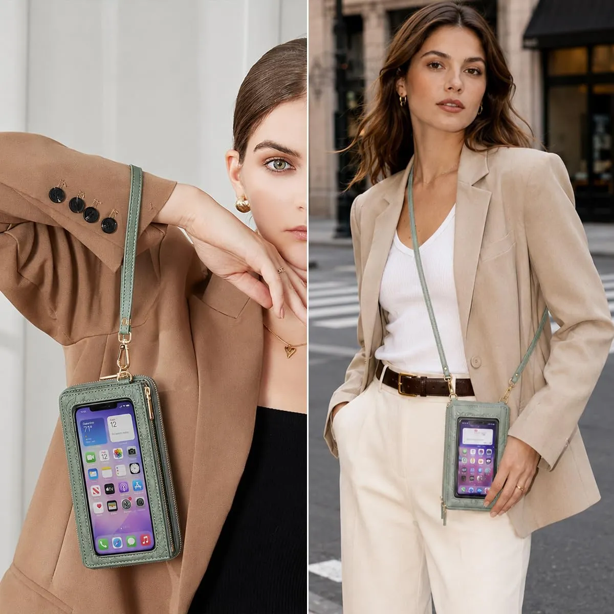 GOIACII Borsa a tracolla per telefono da donna, portafoglio da viaggio con touch screen, Verde erba goffrata A14, Small - immagine 2