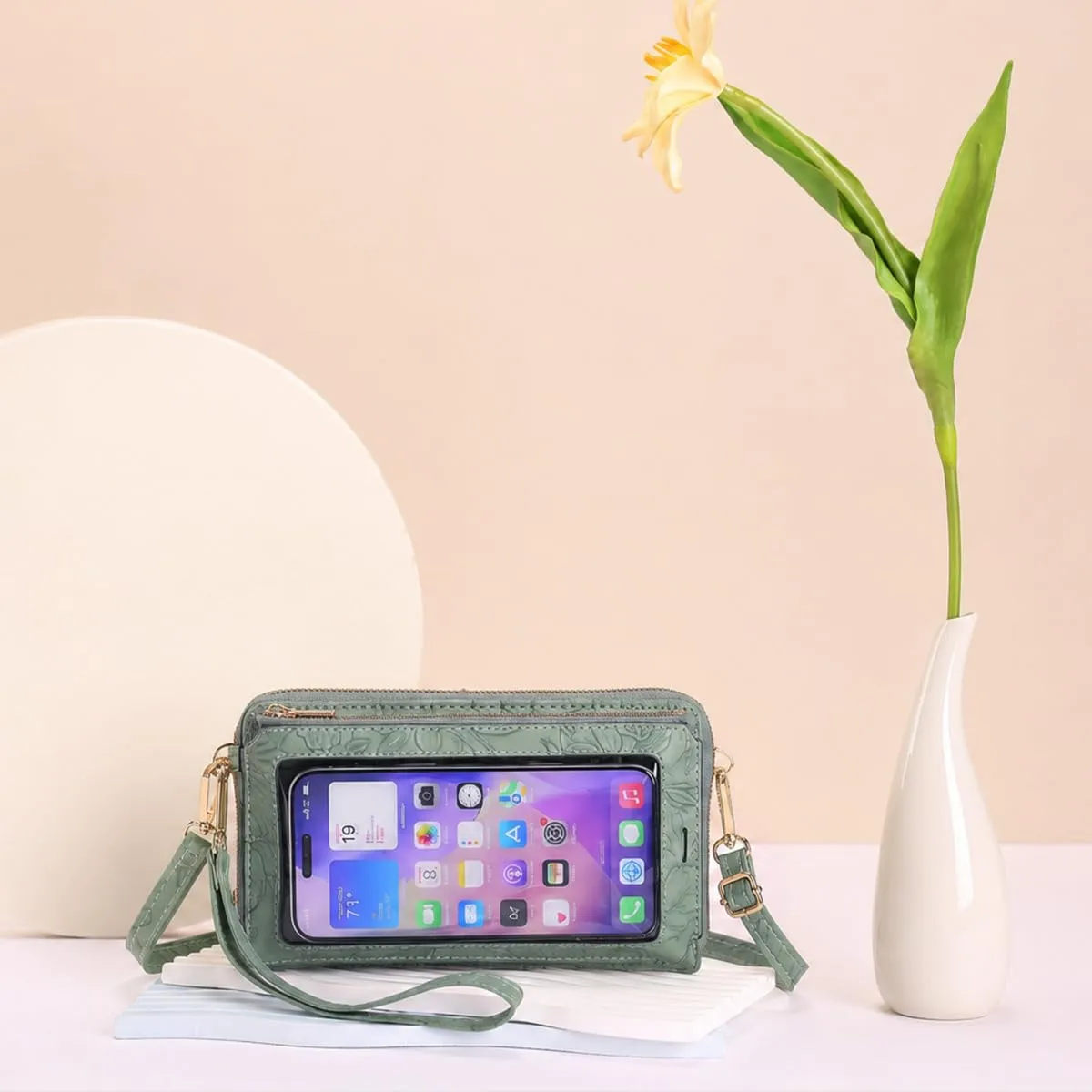 GOIACII Borsa a tracolla per telefono da donna, portafoglio da viaggio con touch screen, Verde erba goffrata A14, Small - immagine 3