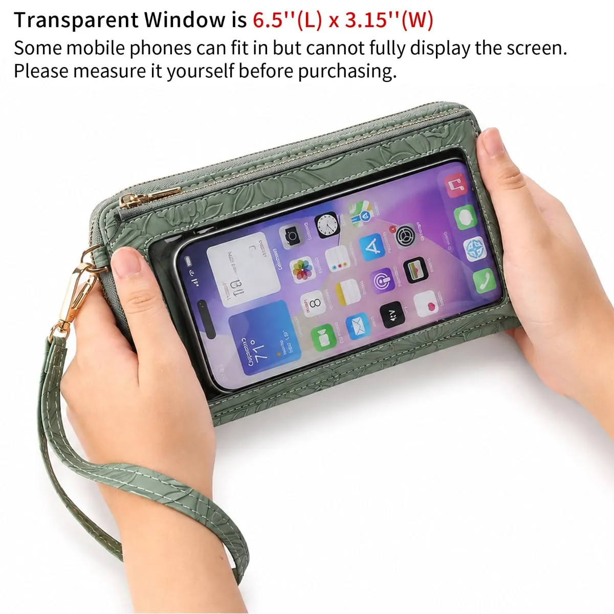 GOIACII Borsa a tracolla per telefono da donna, portafoglio da viaggio con touch screen, Verde erba goffrata A14, Small - immagine 4