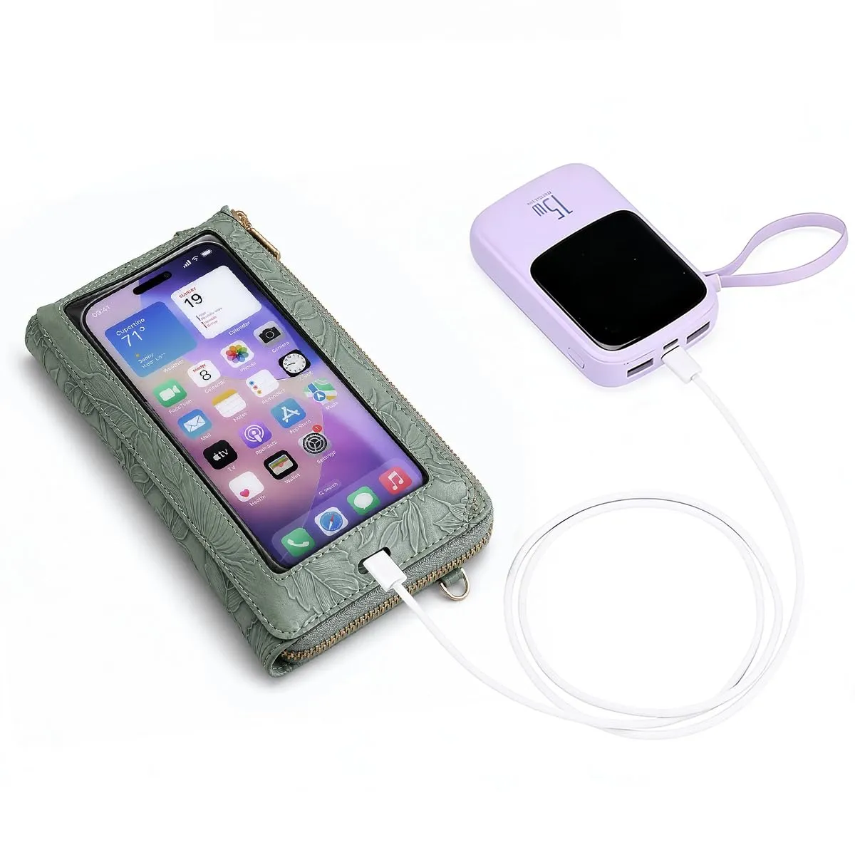 GOIACII Borsa a tracolla per telefono da donna, portafoglio da viaggio con touch screen, Verde erba goffrata A14, Small - immagine 5