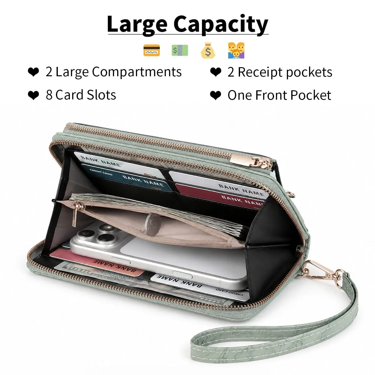 GOIACII Borsa a tracolla per telefono da donna, portafoglio da viaggio con touch screen, Verde erba goffrata A14, Small - immagine 6