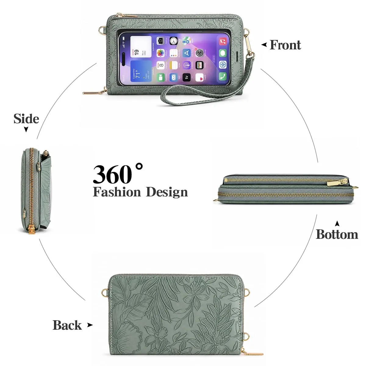 GOIACII Borsa a tracolla per telefono da donna, portafoglio da viaggio con touch screen, Verde erba goffrata A14, Small - immagine 7