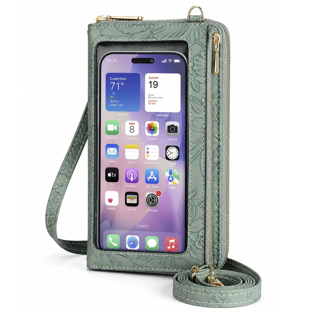 GOIACII Borsa a tracolla per telefono da donna, portafoglio da viaggio con touch screen, Verde erba goffrata A14, Small - immagine 8