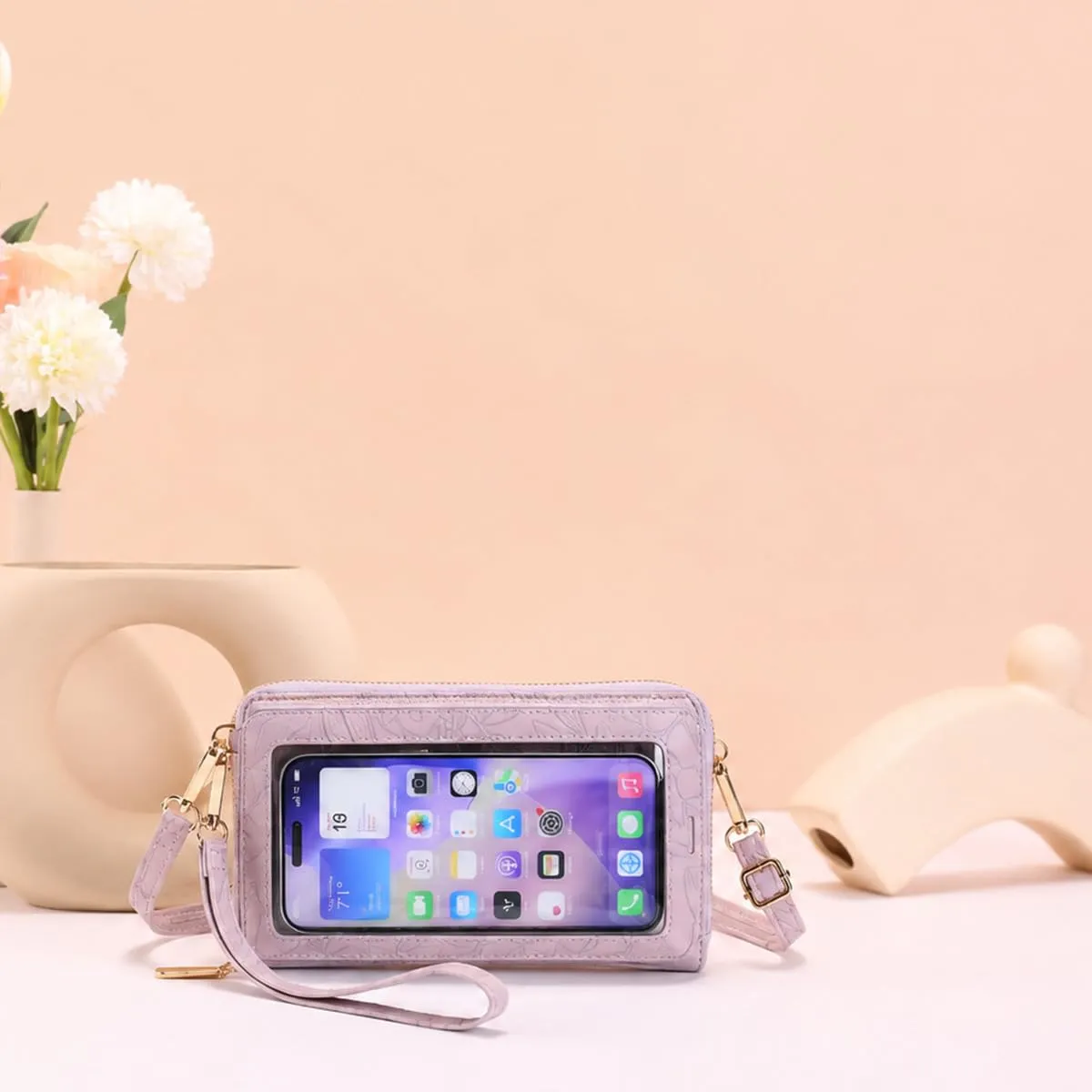 GOIACII Borsa a mano per telefono, borsa a tracolla e portafoglio da viaggio con schermo tattile, Taglia S, A15 – Lavanda goffrata - immagine 3