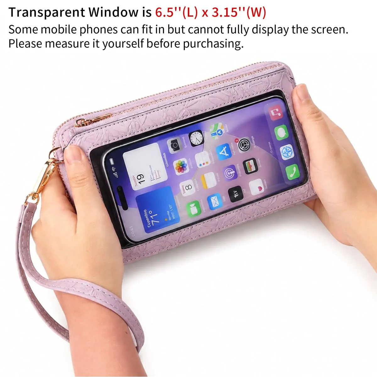 GOIACII Borsa a mano per telefono, borsa a tracolla e portafoglio da viaggio con schermo tattile, Taglia S, A15 – Lavanda goffrata - immagine 4