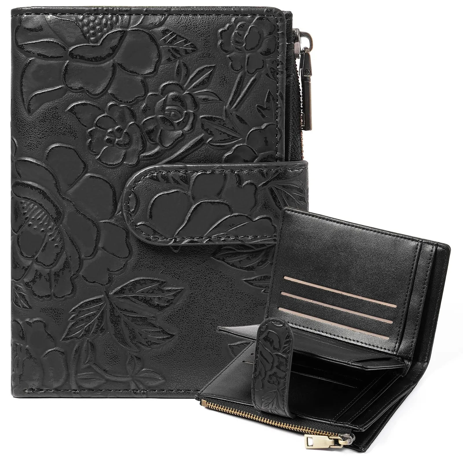 GAEKEAO Portafoglio Donna Piccolo in Pelle con Blocco RFID, Portamonete e Porta Carte con Tasca con Cerniera, Motivo Floreale, Nero - immagine 1
