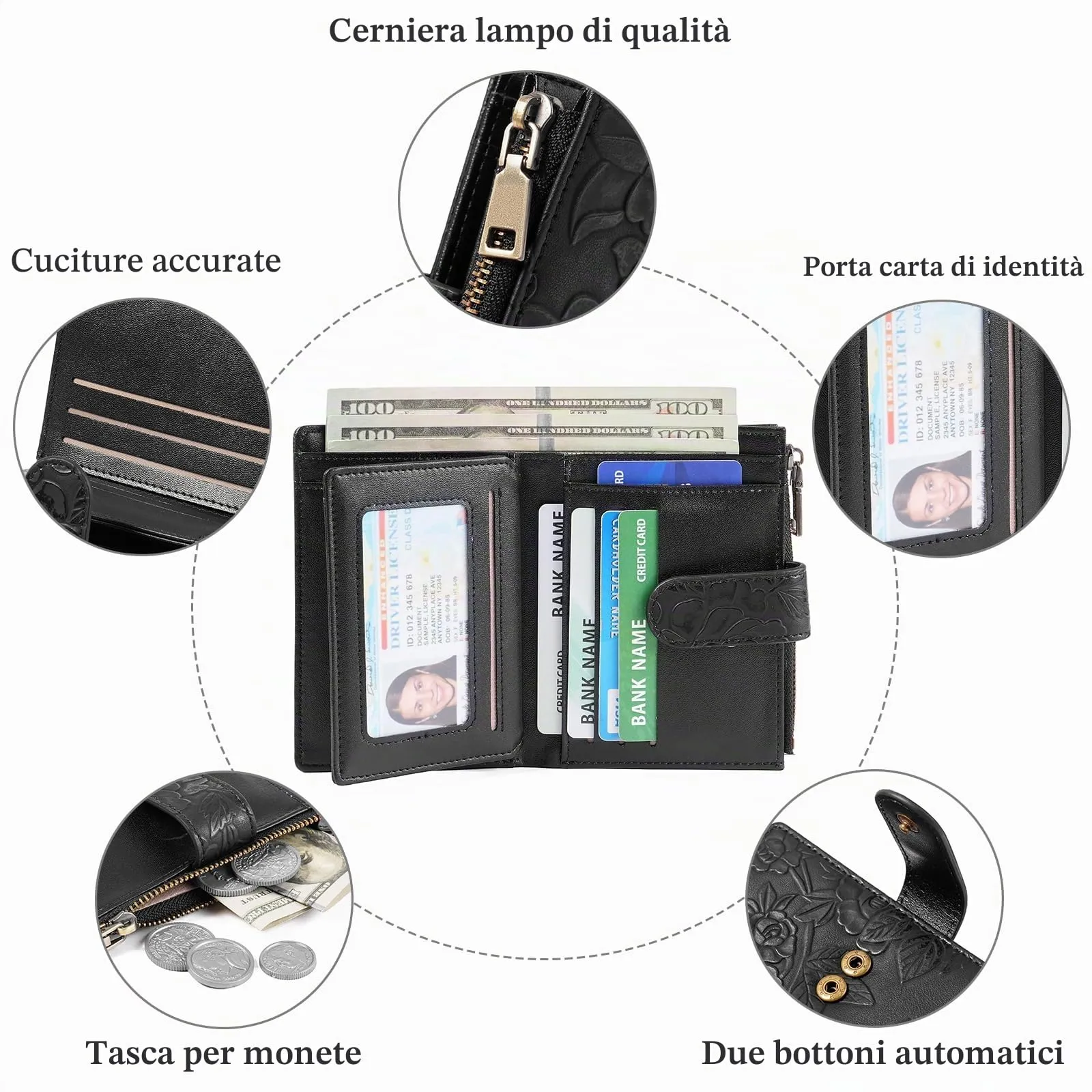 GAEKEAO Portafoglio Donna Piccolo in Pelle con Blocco RFID, Portamonete e Porta Carte con Tasca con Cerniera, Motivo Floreale, Nero - immagine 3