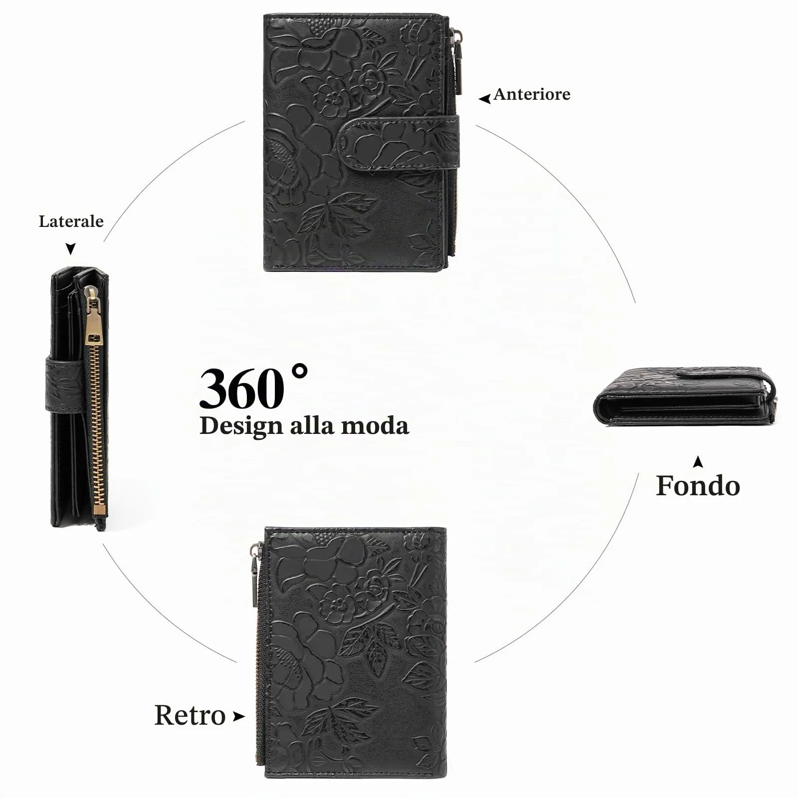 GAEKEAO Portafoglio Donna Piccolo in Pelle con Blocco RFID, Portamonete e Porta Carte con Tasca con Cerniera, Motivo Floreale, Nero - immagine 5