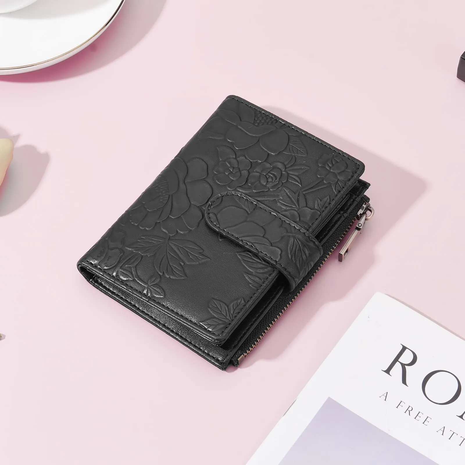 GAEKEAO Portafoglio Donna Piccolo in Pelle con Blocco RFID, Portamonete e Porta Carte con Tasca con Cerniera, Motivo Floreale, Nero - immagine 7