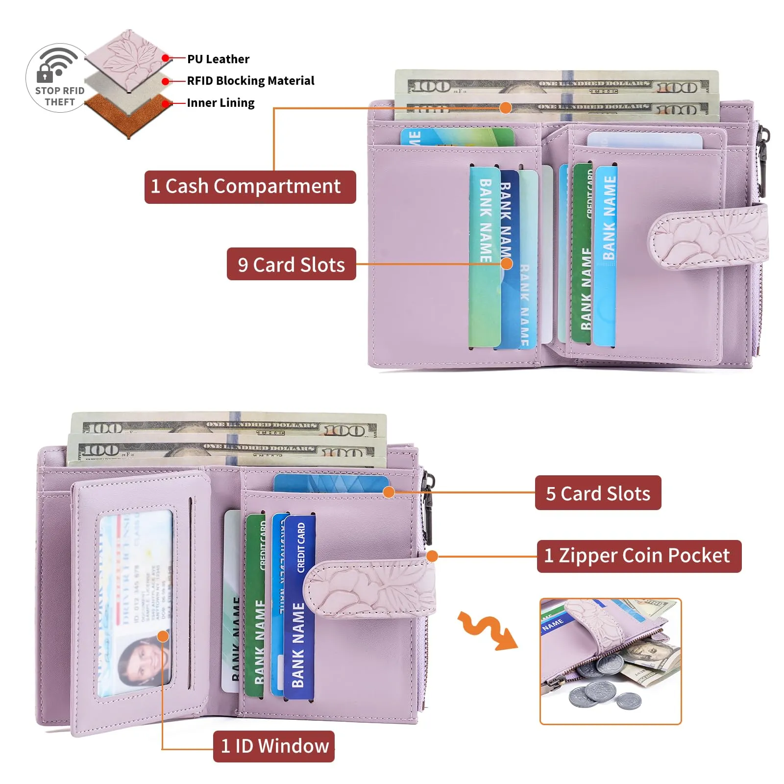 GAEKEAO Portafoglio Donna Piccolo in Pelle con Blocco RFID, Portamonete e Portacarte, Motivo Floreale, Viola Chiaro - immagine 2