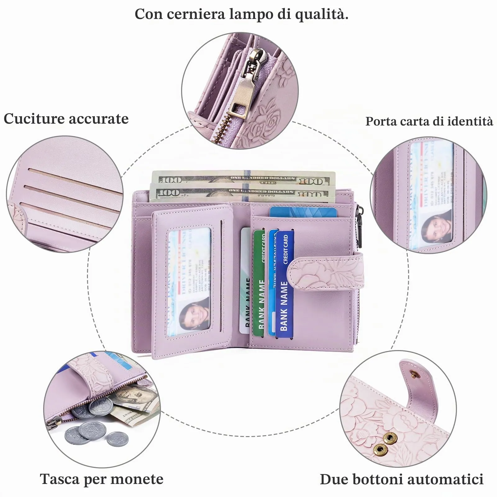 GAEKEAO Portafoglio Donna Piccolo in Pelle con Blocco RFID, Portamonete e Portacarte, Motivo Floreale, Viola Chiaro - immagine 3