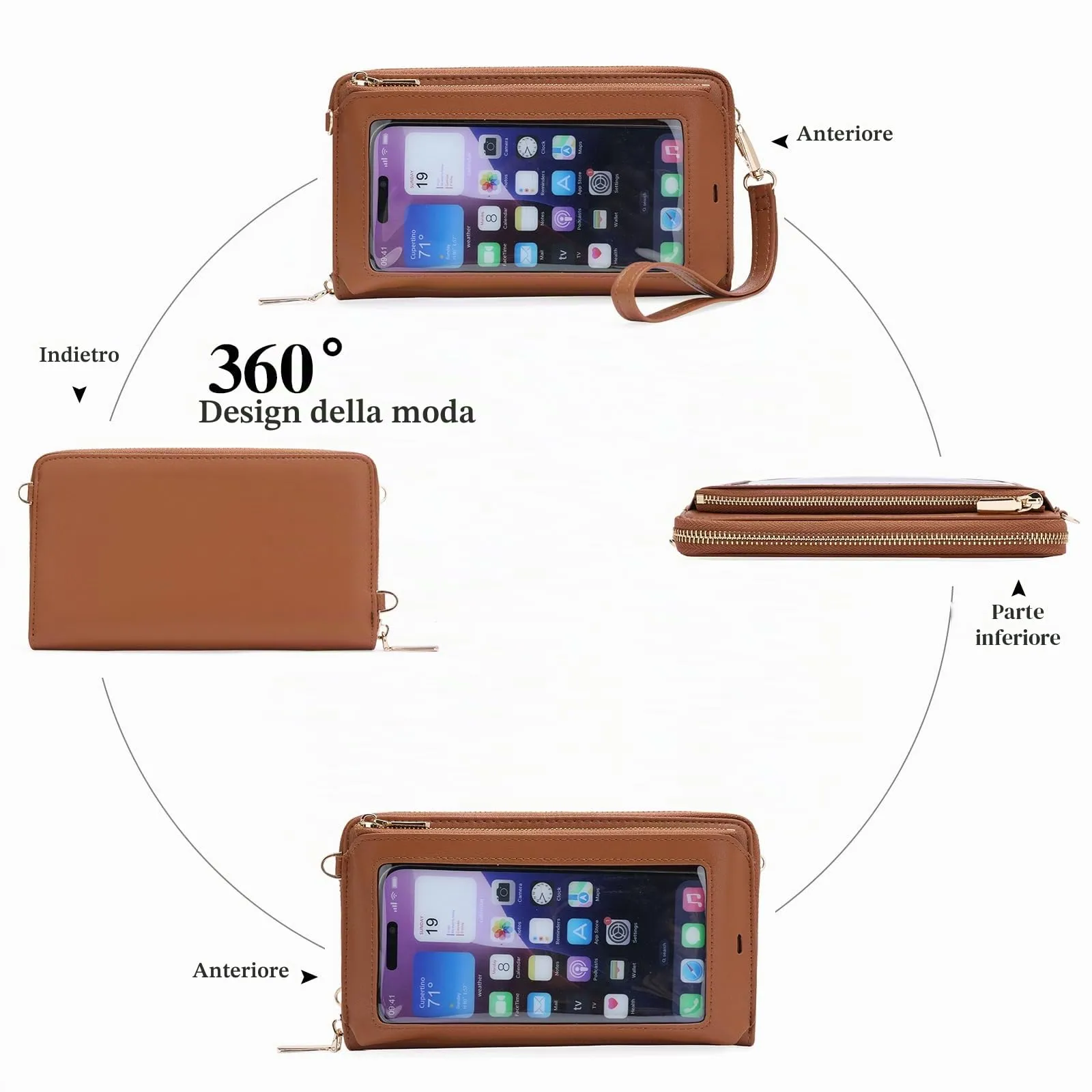GOIACII Borsa a tracolla per telefono da donna, portafoglio da viaggio con touch screen, A05-marrone - immagine 6
