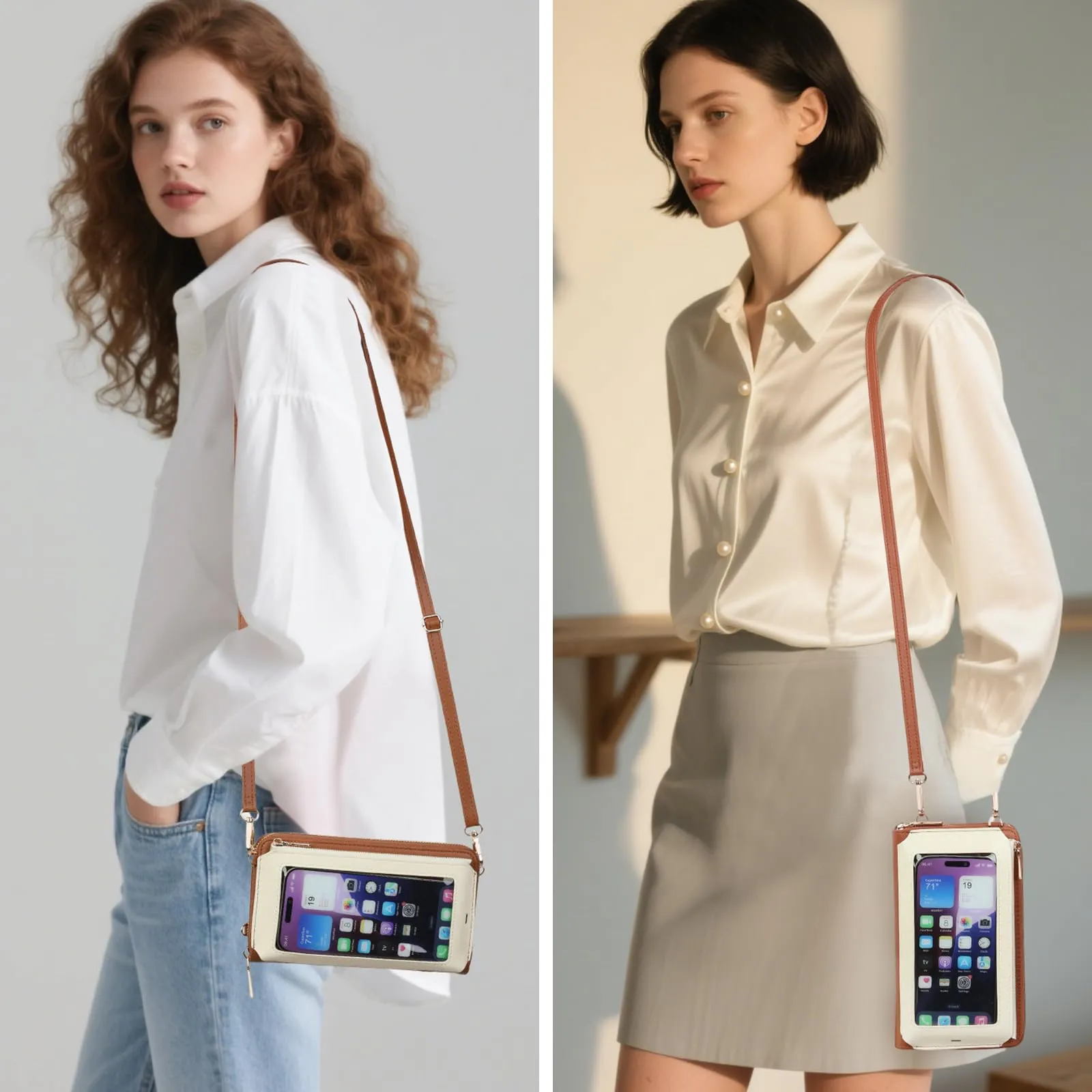 GOIACII Borsa a tracolla per telefono da donna, portafoglio da viaggio con touch screen, A09-bianco Marrone - immagine 2