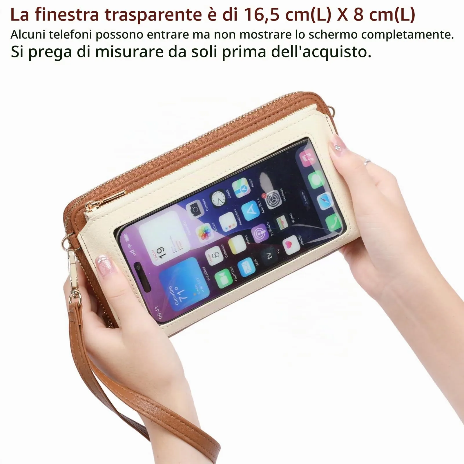 GOIACII Borsa a tracolla per telefono da donna, portafoglio da viaggio con touch screen, A09-bianco Marrone - immagine 3